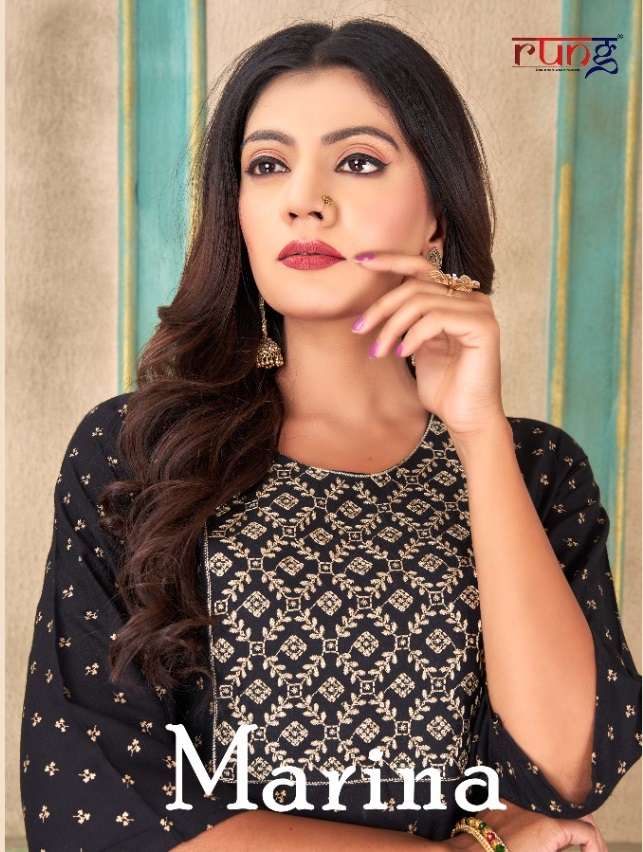 MARINA  BY RUNG BRAND RAYON GOLD PRINT KURTI AND EMBROIDERY WORK PALAZZO WHOLESALER AND DEALER