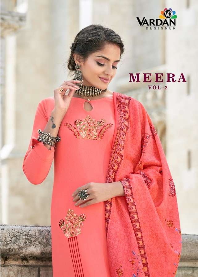 MEERA VOL 2 BY VARDAN DESIGNER BRAND HEAVY 14 KG RAYON WITH EMBROIDERY WORK KURTI WITH 14 KG RAYON P...