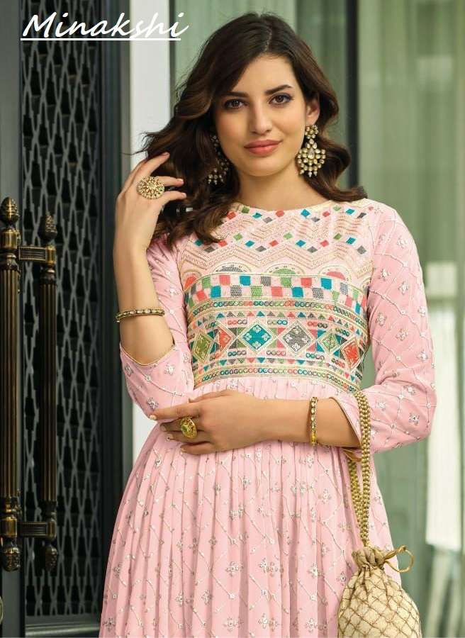 MINAKSHI BY EBA LIFESTYLE BRAND GEORGETTE WITH HEAVY EMBROIDERY WORK LONG GOWN KURTI WITH NAZMIN DUP...