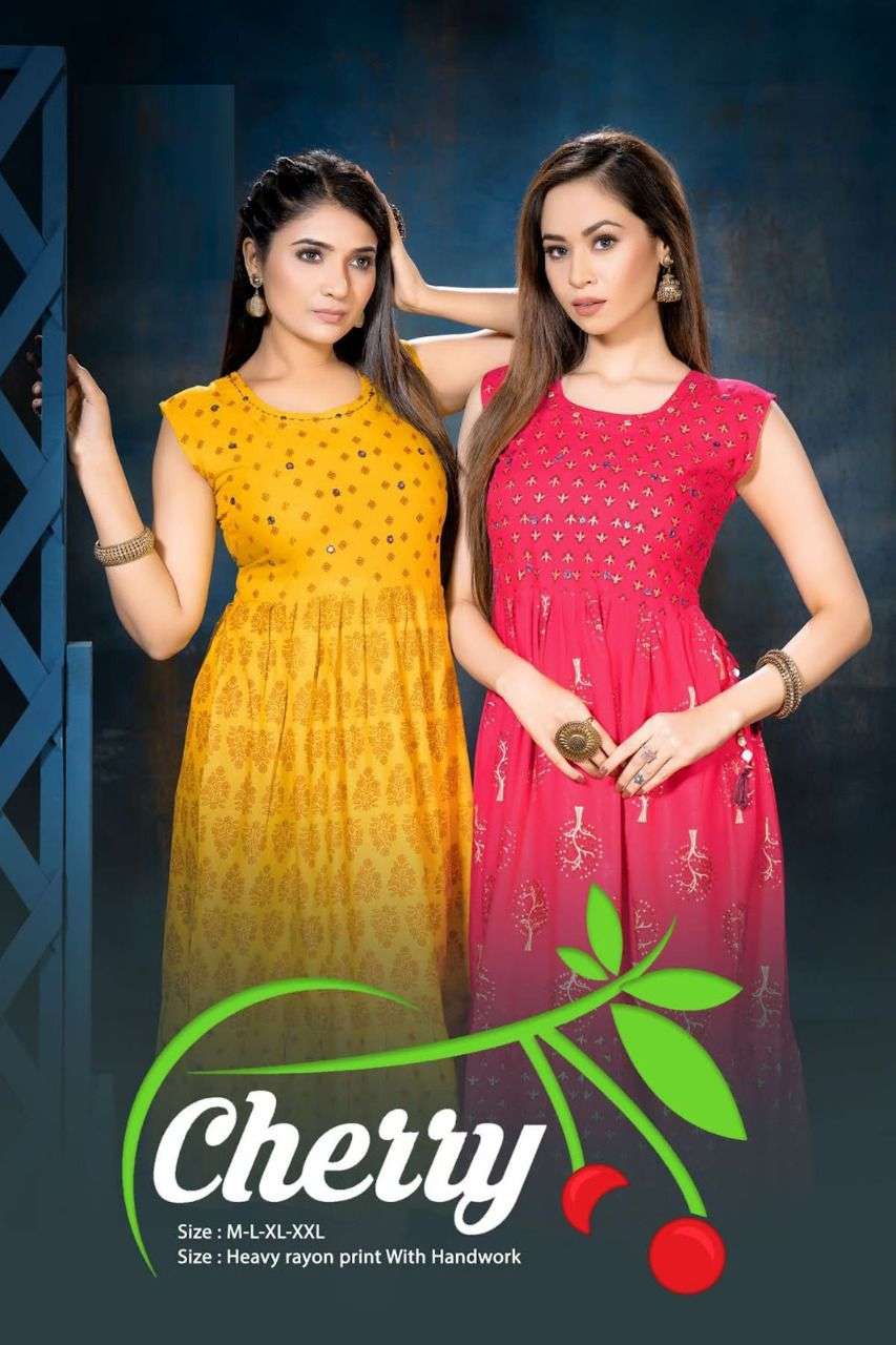 NEW CHERRY BY S3FOREVER BRAND HEAVY RAYON WITH CLASSY PRINT AND FANCY HANDWORK FROCK STYLE KURTI WHO...