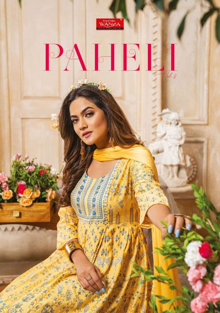 PAHELI 2 BY WANNA BRAND RAYON SLUB FESTIVE GOLD PRINT LONG GOWN KURTI WITH DUPATTA WHOLESALER AND DE...