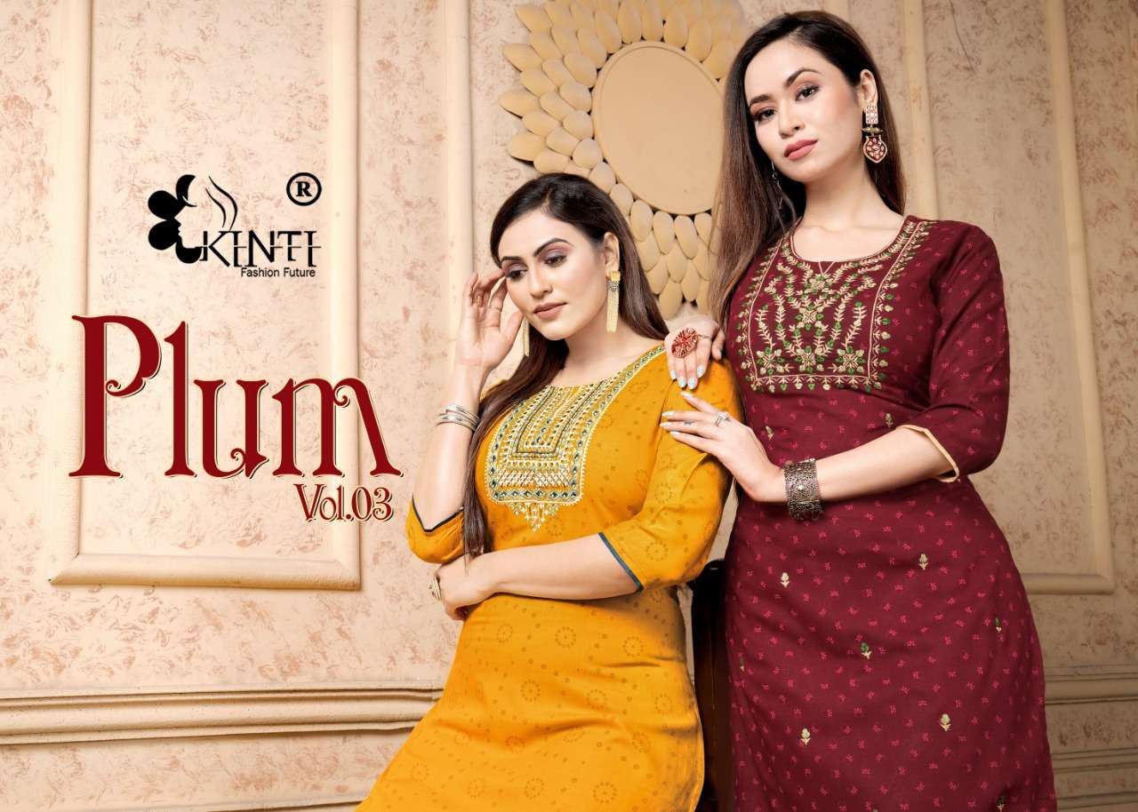 PLUM VOL 3 BY KINTI BRAND RAYON SLUB PRINT WITH HEAVY EMBROIDERY WORK WITH FANCY PRINT STRAIGHT KURT...