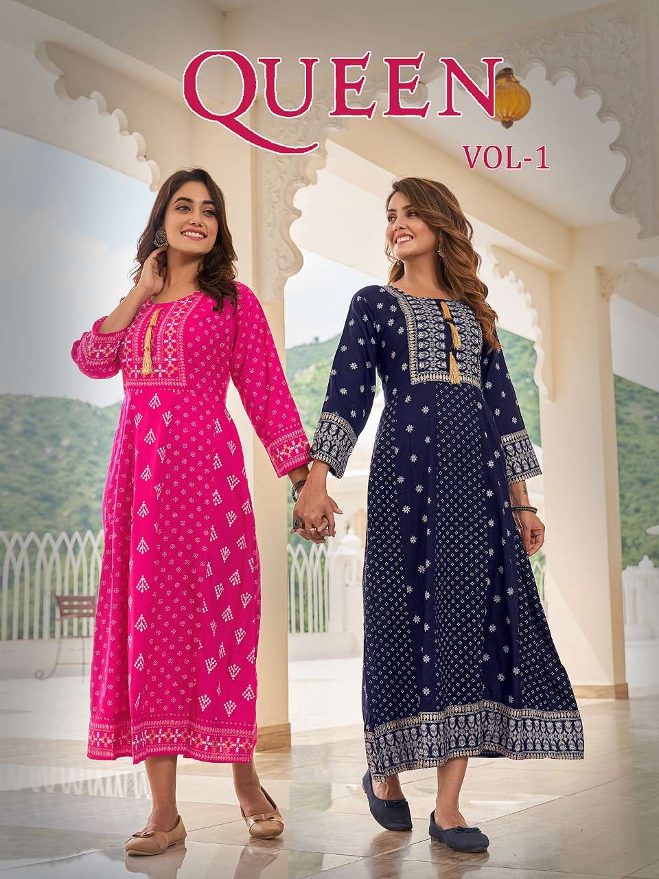 QUEEN VOL 1 BY BANWERY BRAND 14KG RAYON WITH CLASSY FOIL PRINT LONG GOWN KURTI WHOLESALER AND DEALER