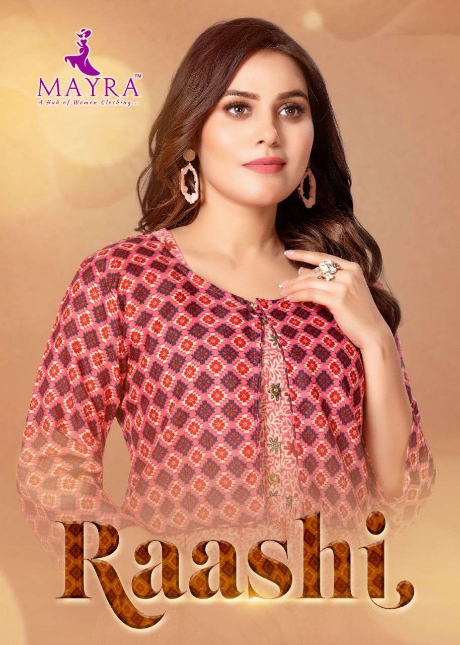 RAASHI BY MAYRA BRAND RAYON CAPSUL FOIL PRINT FROCK STYLE KURTI WITH SEPARATE CAPSUL PRINT JACKET WH...