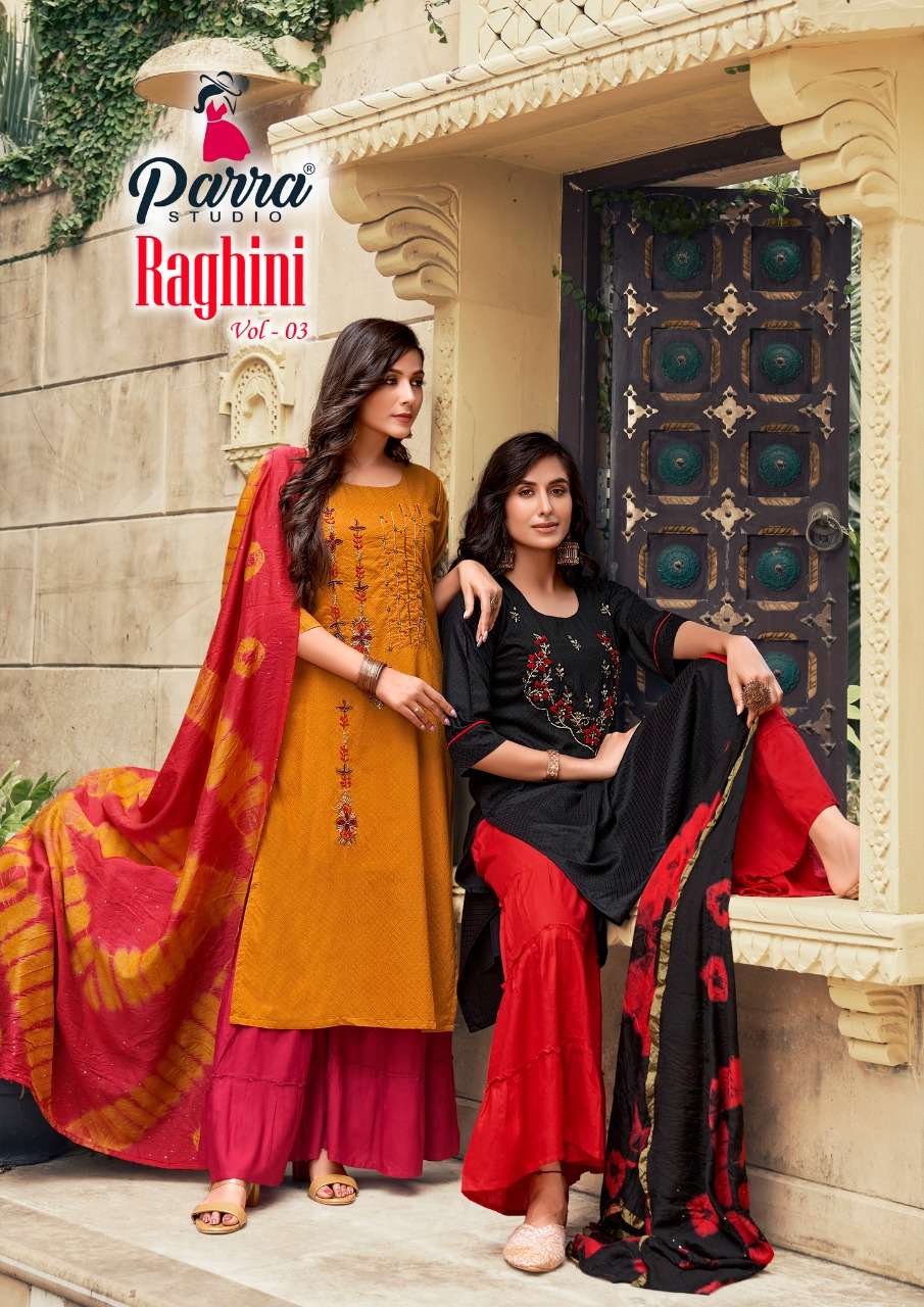 RAGHINI VOL 3 BY PARRA STUDIO BRAND VISCOSE WITH KHATLI WORK KURTI WITH INNER WITH COTTON MUL SHARAR...