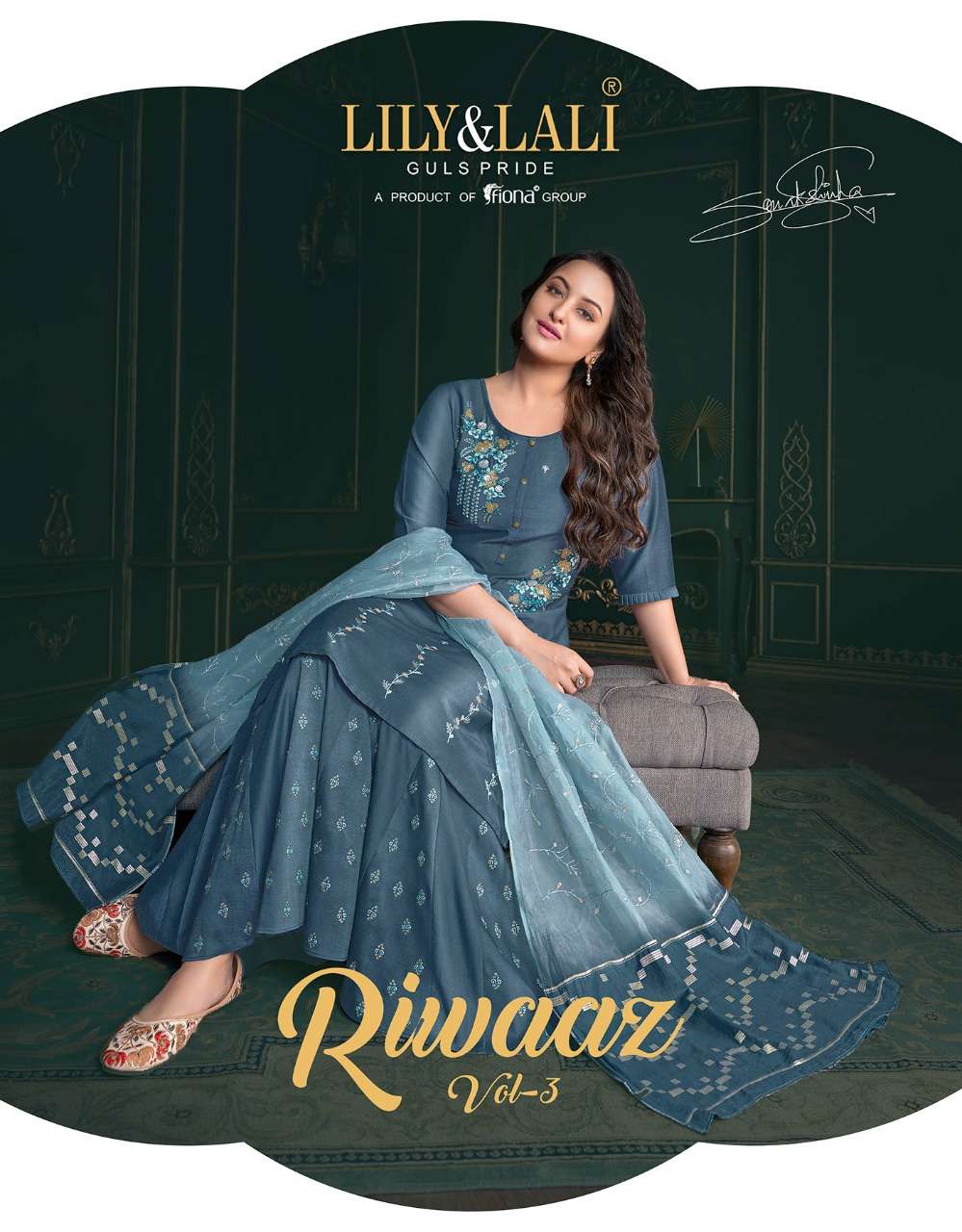 RIWAAZ 3 BY LILY & LALI BRAND HANDWORK AND EMBROIDERY ON BEMBERG SILK KURTI WIH SILK PALAZZO AND JAC...