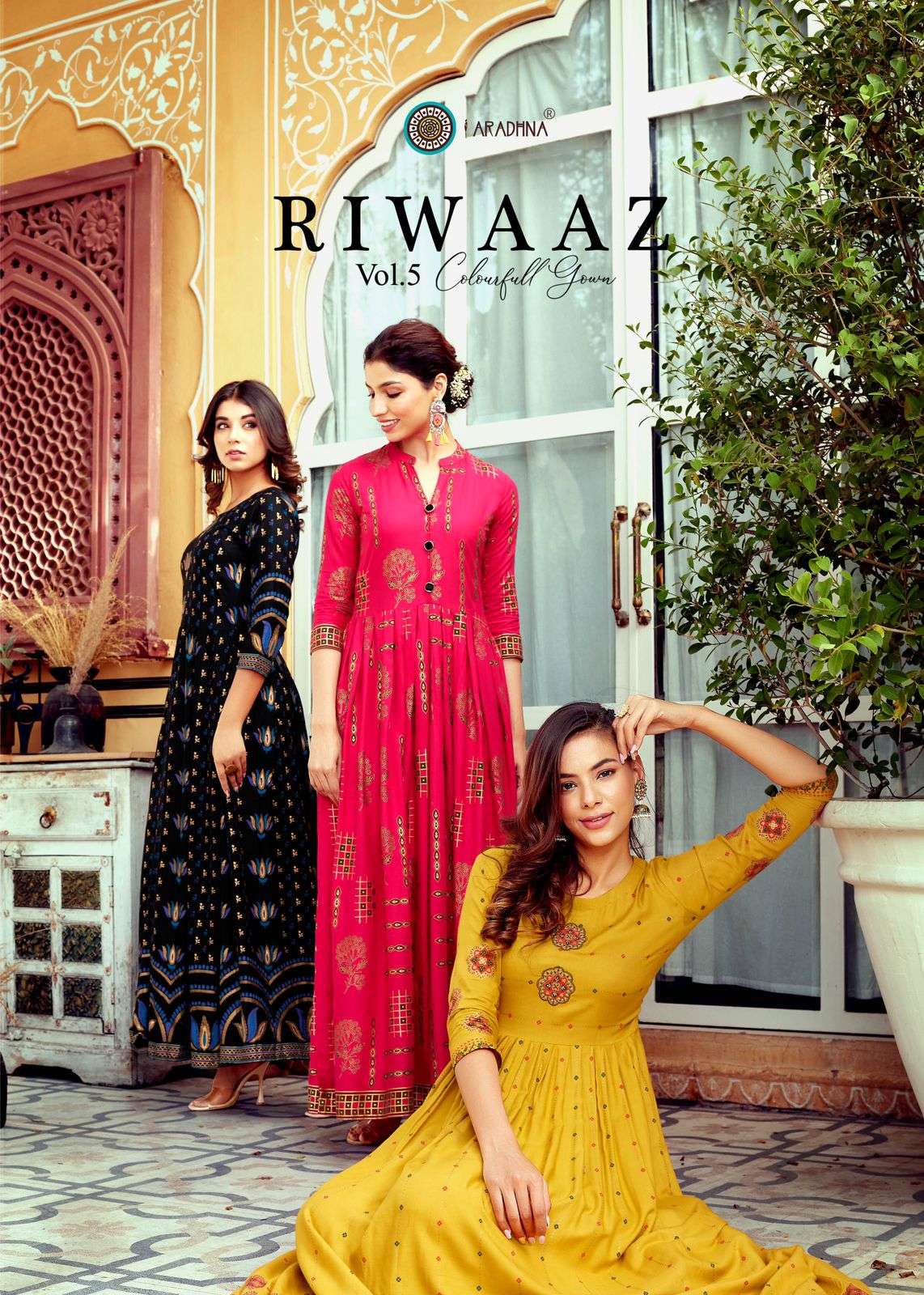 RIWAAZ VOL 5 BY ARADHNA BRAND 14 KG RAYON WITH CLASSY PRINT AND FOIL PRINT LONG GOWN KURTI WHOLESALE...