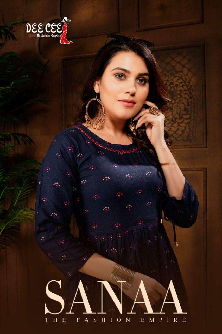 SAANA BY DEE CEE BRAND HEAVY RAYON SLUB WITH CLASSY FOIL PRINT AND HANDWORK FROCK STYLE KURTI WHOLES...