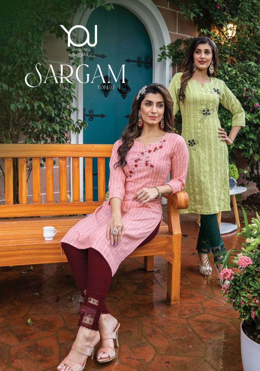 SARGAM 4 BY WANNA BRAND HEAVY VISCOSE RAYON STRIPES HANDWORK STRAIGHT KURTI WITH HEAVY LYCRA PANT WH...