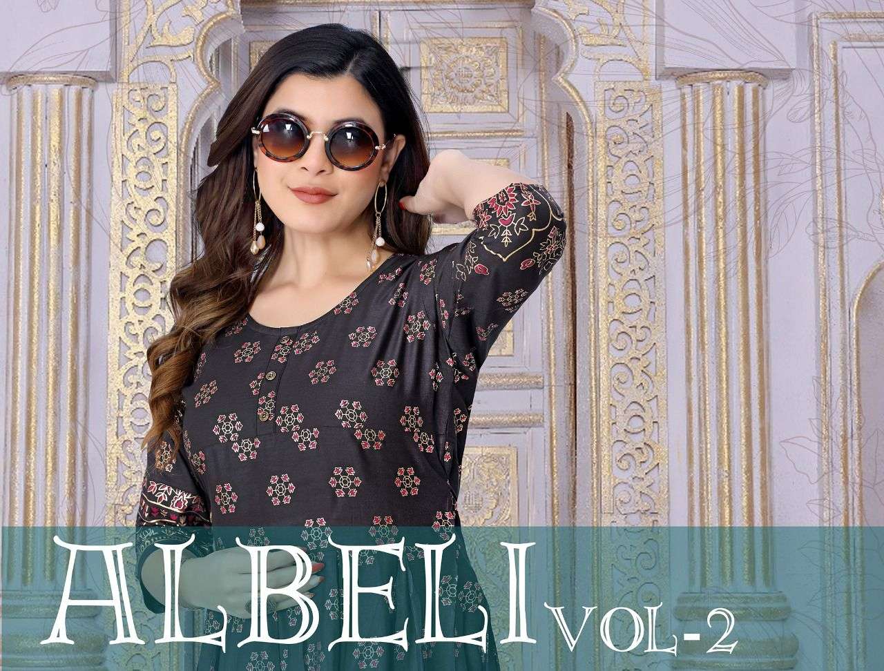  ALBRLI VOL.2 BY RIYAA BRAND HEAVY RAYON GOLD FOIL PRINT LONG FLAIR GHERA KURTI WHOLESALER AND DEALE...