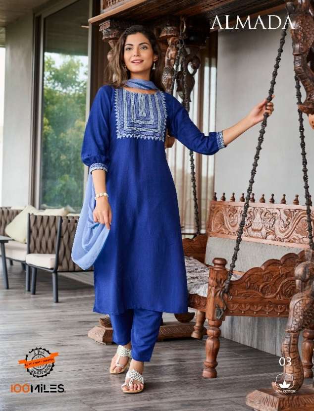 ALMADA BY 100 MILES BRAND HEAVY EMBROIDERY WORK FANCY KURTI WITH FABRIC PANT AND CLASSY DUPATTA WHOL...