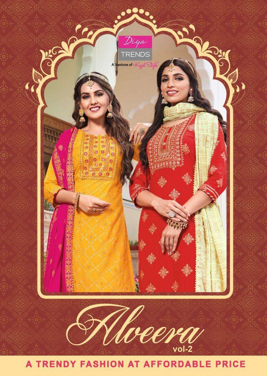 ALVEERA VOL 2 BY DIYA TRENDS BRAND FABRICS RAYON EMBROIDERY WORK STRAIGHT LINE CLASSY GOLD PRINT KUR...