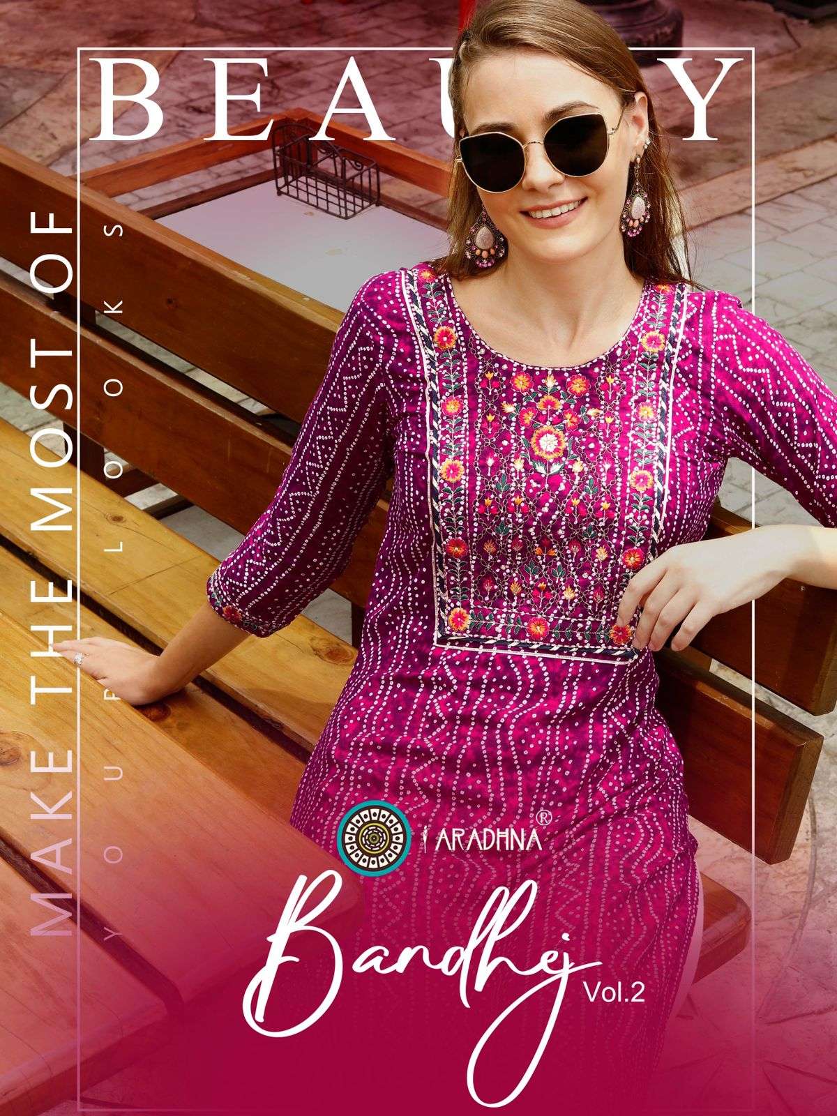  BANDHEJ VOL 2 BY ARADHNA BRAND FABRIC FANCY EMBROIDERY WORK ALINE KURTI WHOLESALER AND DEALER