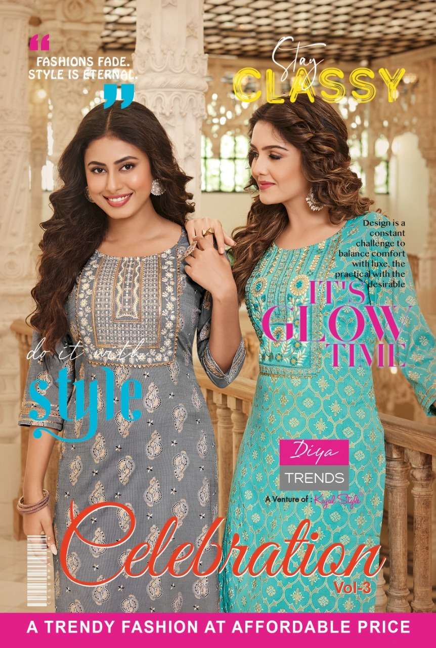 CELEBRATION VOL-3 BY DIYA TRENDS BRAND RAYON GOLD PRINT EMBROIDERY WORK KURTI WITH PANT WHOLESALER A...