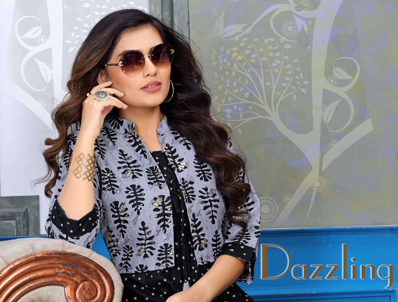 DAZZLING VOL.1 BY S3 FOREVER  BRAND  A LINE GHERA PATTERN FOIL PRINTED KURTI WITH PRINTED JACKET  WH...