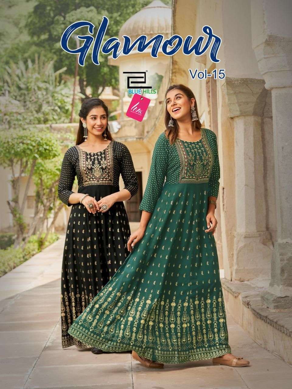 GLAMOUR VOL 15 BY BLUE HILLS BRAND RAYON 14KG FOIL PRINT ANARKALI GOWN WHOLESALER AND DEALER