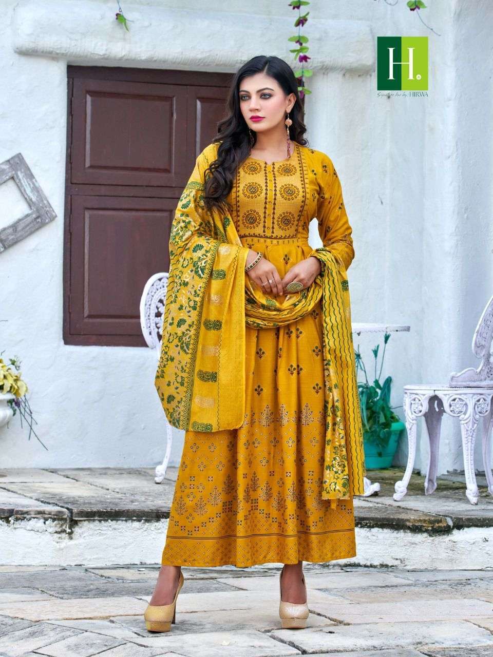 GOLDEN SANSKRITI BY HIRWA BRAND HEAVY RAYON SLUB GHERA GOWN WITH DUPATTA WHOLESALER AND DEALER