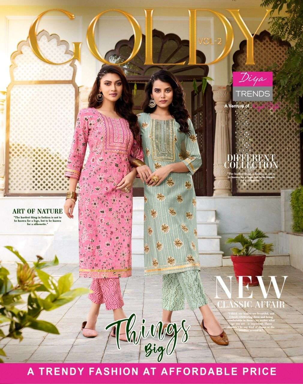 GOLDY VOL-2 BY DIYA TRENDS BRAND FABRIC CHANDERI  SEQUENCE EMBROIDERY WORK FOIL PRINT KURTI AND CHAN...