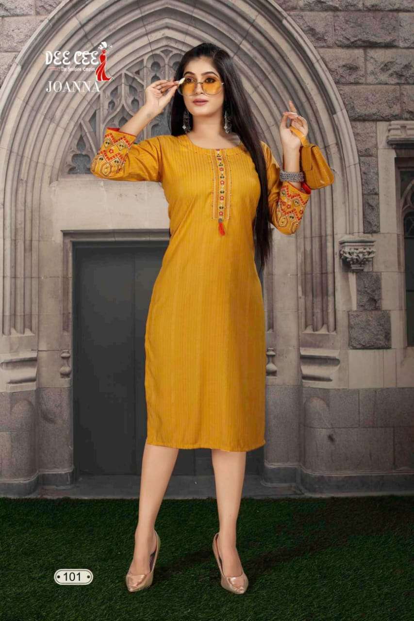 JOANNA BY DEECEE BRAND FABRIC RAYON CONCEPT STICHING PATTERN WITH WORK KURTI WHOLESALER AND DEALER