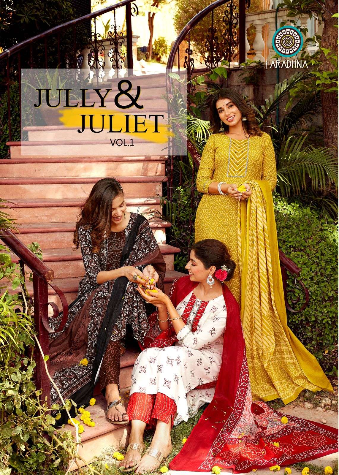 JULLY AND JULIET VOL 1 BY ARADHNA BRAND RAYON PRINT EMBROIDERY WORK ALINE KURTI WITH FANCY PANT COTT...