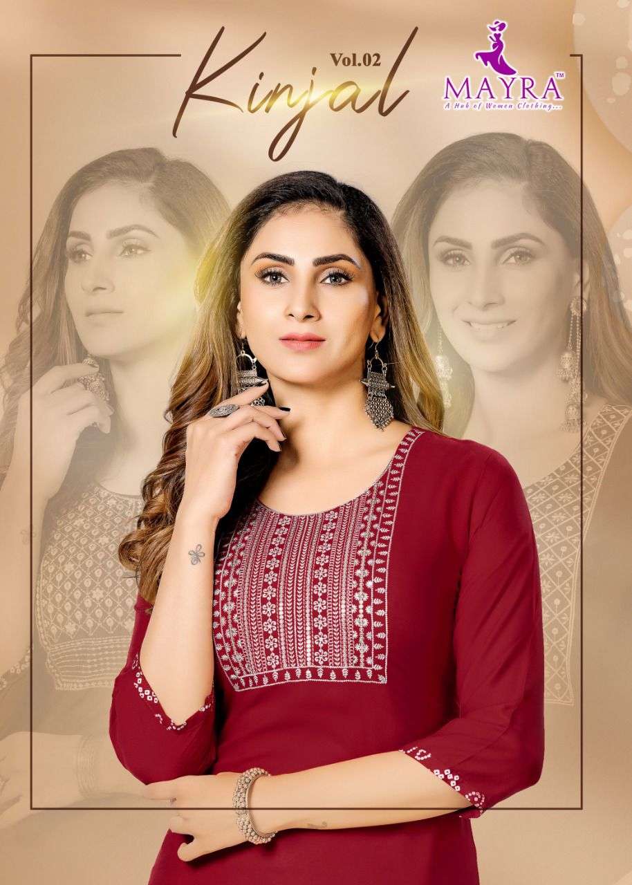  KINJAL VOL.2 BY MAYRA BRAND FABRIC RAYON 14KG SEQUENCE EMBROIDERYWORK STICHING PATTERN PLAIN KURTI ...