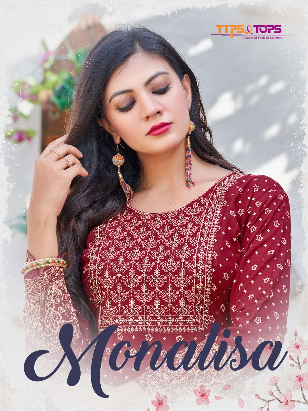 MONALISA BY TIPS AND TOPS BRAND HEAVY RAYON FOIL PRINT EMBROIDERY WORK WITH FULL FLAIR KURTI WHOLESA...