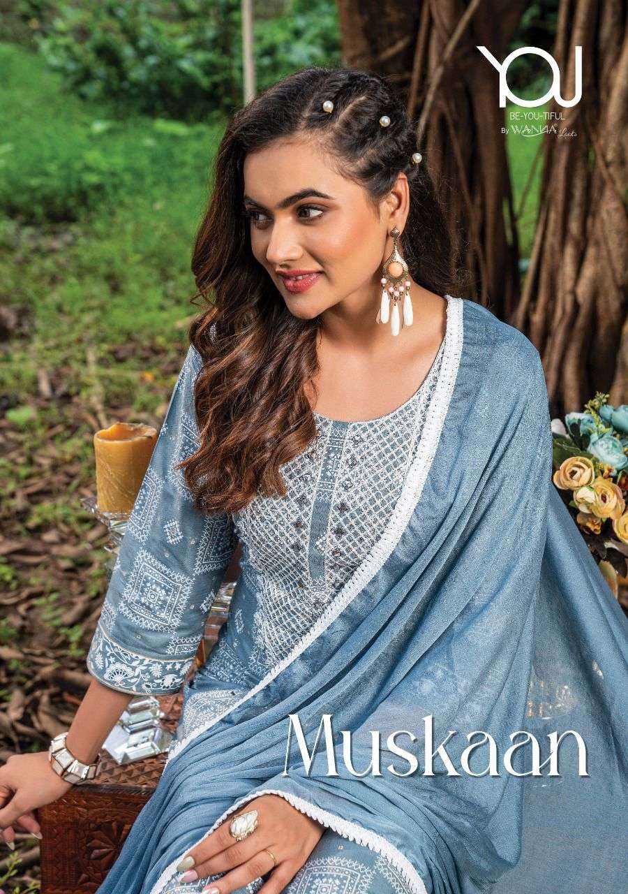 MUSKAAN BY WANNA BRAND FABRIC RAYON ALINE DESIGN KURTI SLUB FITNESS PANT WITH FANCY DUPATTA  WHOLESA...