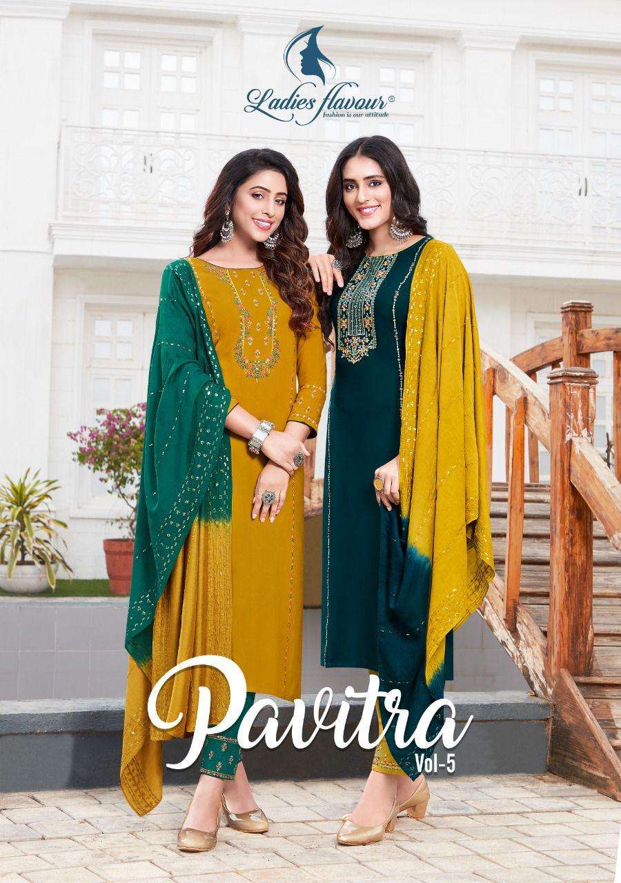 PAVITRA VOL 5 BY  LADIES FLAVOUR  BRAND FABRIC 14 KG HEAVY RAYON WITH EMBROIDERY WORK KURTI  SLUB LY...