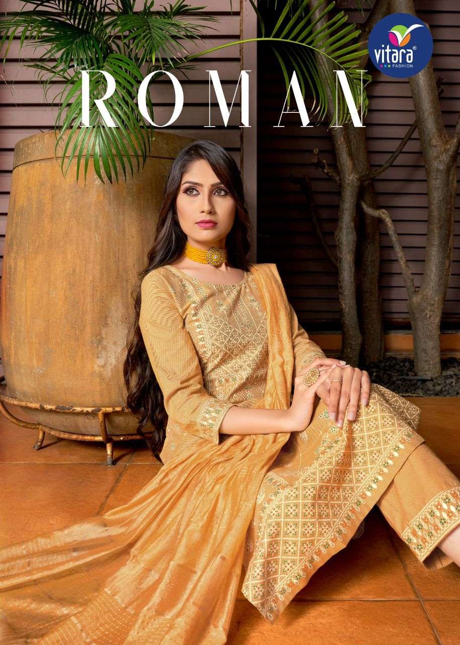 ROMAN BY  VITARA FASHION BRAND FABRIC COTTON STRIPS FOIL PRINT ALINE FANCY KURTI WITH STYLESH PANT A...