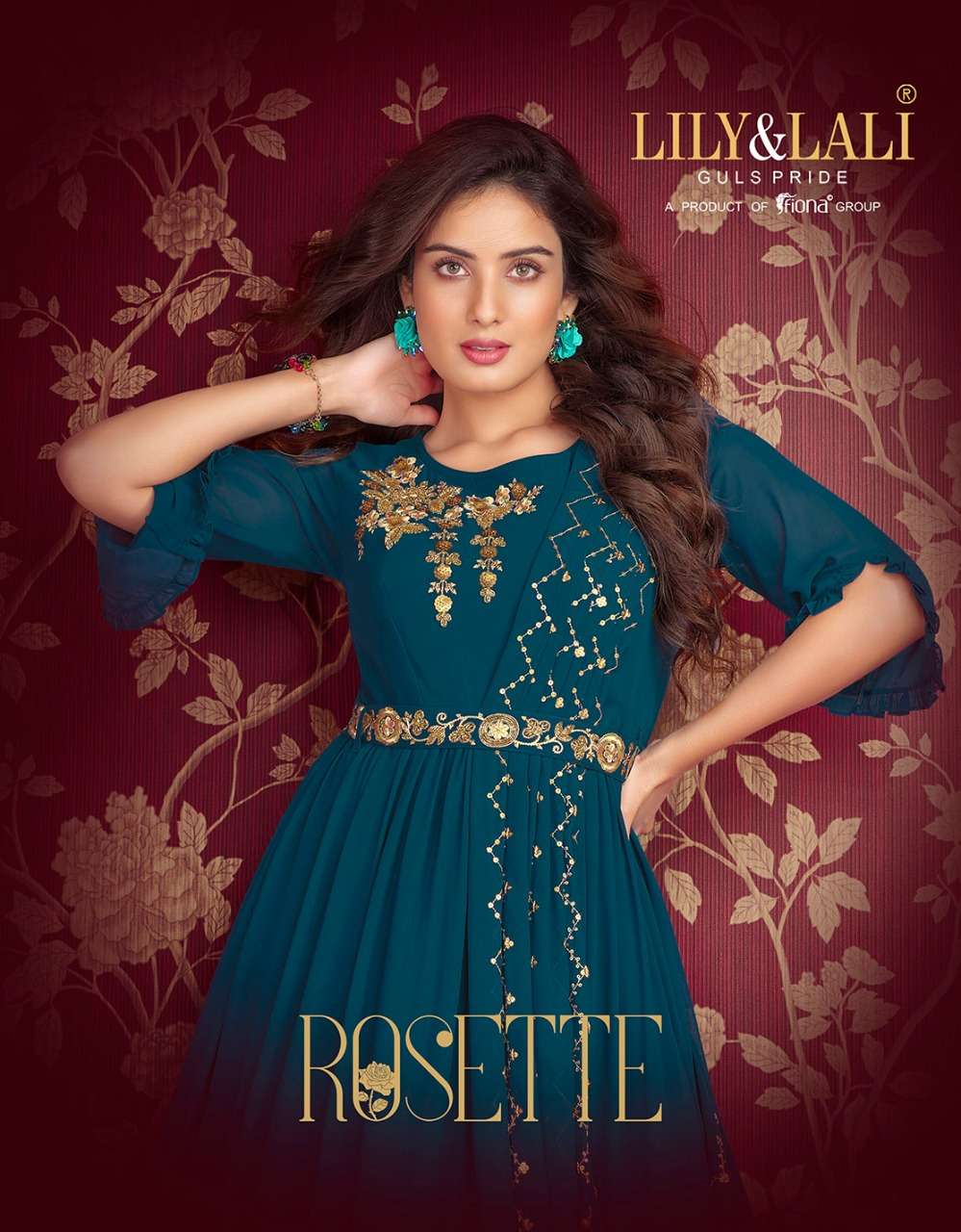 ROSETTE BY LILY AND LALI BRAND GEORGETTE HEAVY WORK LONG GOWN KURTI WITH HANDWORK BELT AND CREAP INN...