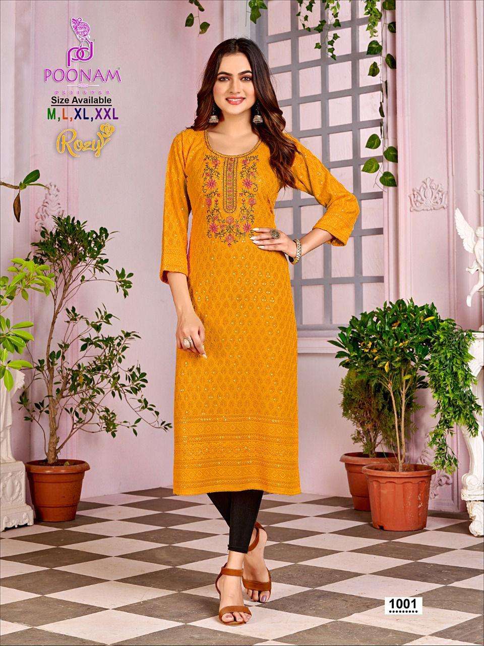 ROZY  BY POONAM DESIGNER BRAND RAYON DESIGNER EMBROIDERY NECK WORK FANCY KURTI  WHOLESALER AND DEALE...