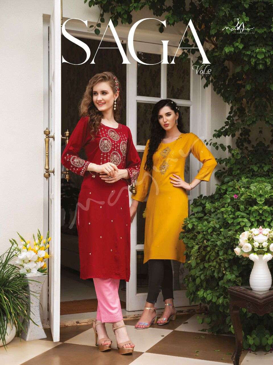 SAGA VOL 2 BY MAYUR BRAND FABRIC RAYON EMBROIDERYWORK LONG FANCY KURTI WHOLESALER AND DEALER 