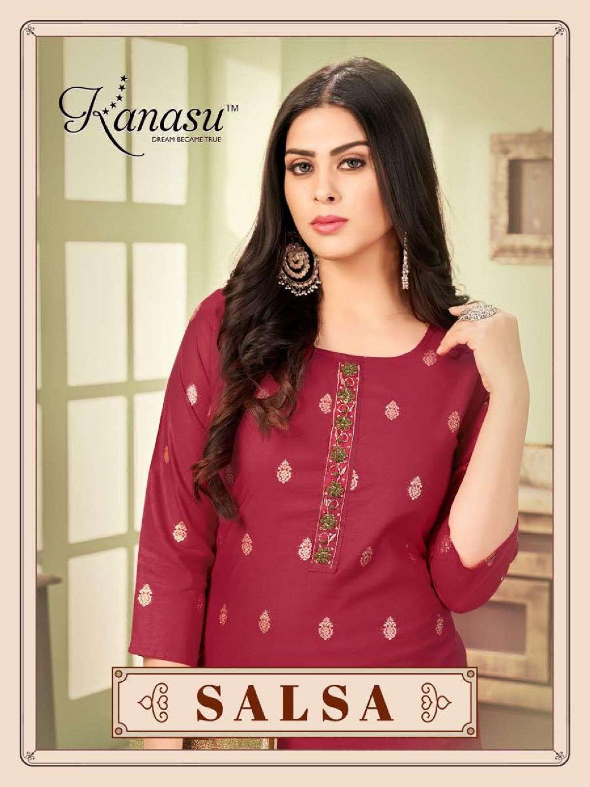 SALSA BY KANASU BRAND FABRIC  CHANDERI DOLA SILK HANDWORK STRAIGHTLINE  TIE PATTERN KURTI WHOLESALER...