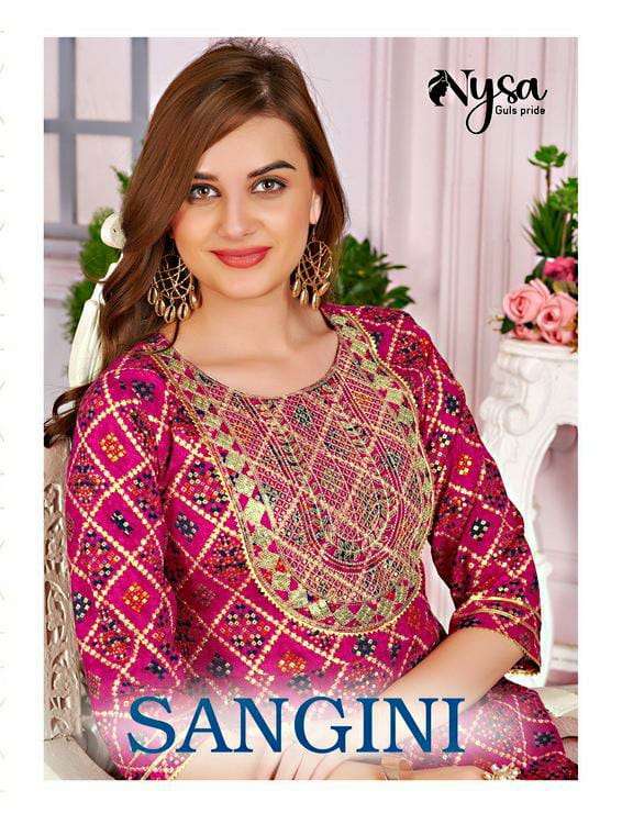  SANGINI VOL-1 BY NYSA BRAND FABRI RAYON EMBROIDERYWORK NECK JARI CAPSULE BANDHEJ FOIL PRINT SEQUENC...