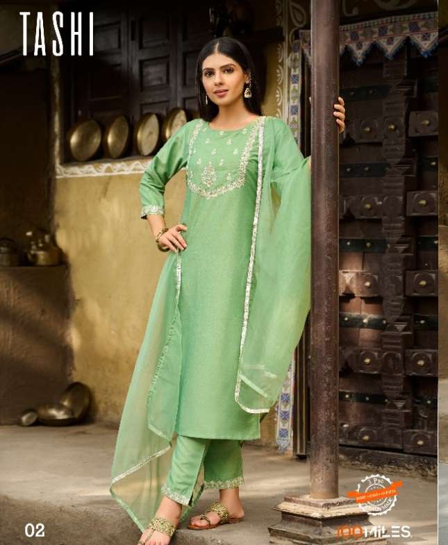 TASHI BY 100MILES BRAND EMBROIDERY HANDWORK KURTI WITH PANT AND DUPATTA WHOLESALER AND DEALER 