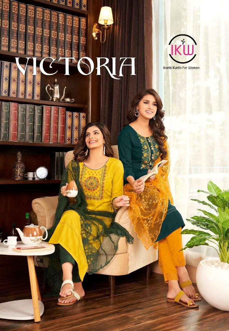 VICTORIA VOL 1  BY IKW DESIGNS BRAND VISCOSE INTERPRET FANCY KURTI WITH LYCRA PANT AND NET DUPATTA W...