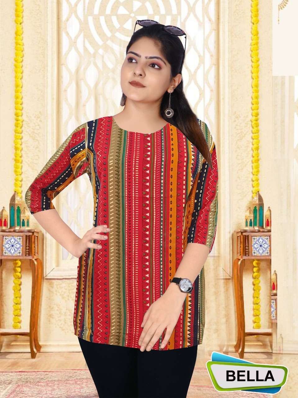 BELLA BY S3FOREVER BRAND HEAVY RAYON WITH CALSSY PRINT TUNIC TOP KURTI WHOLESALER AND DEALER