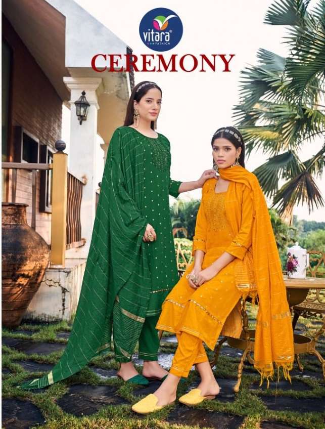 CEREMONY BY VITARA FASHION BRAND VISCOSE CHANDERI WITH EMBROIDERY WORK KURTI WITH VISCOSE PANT AND V...