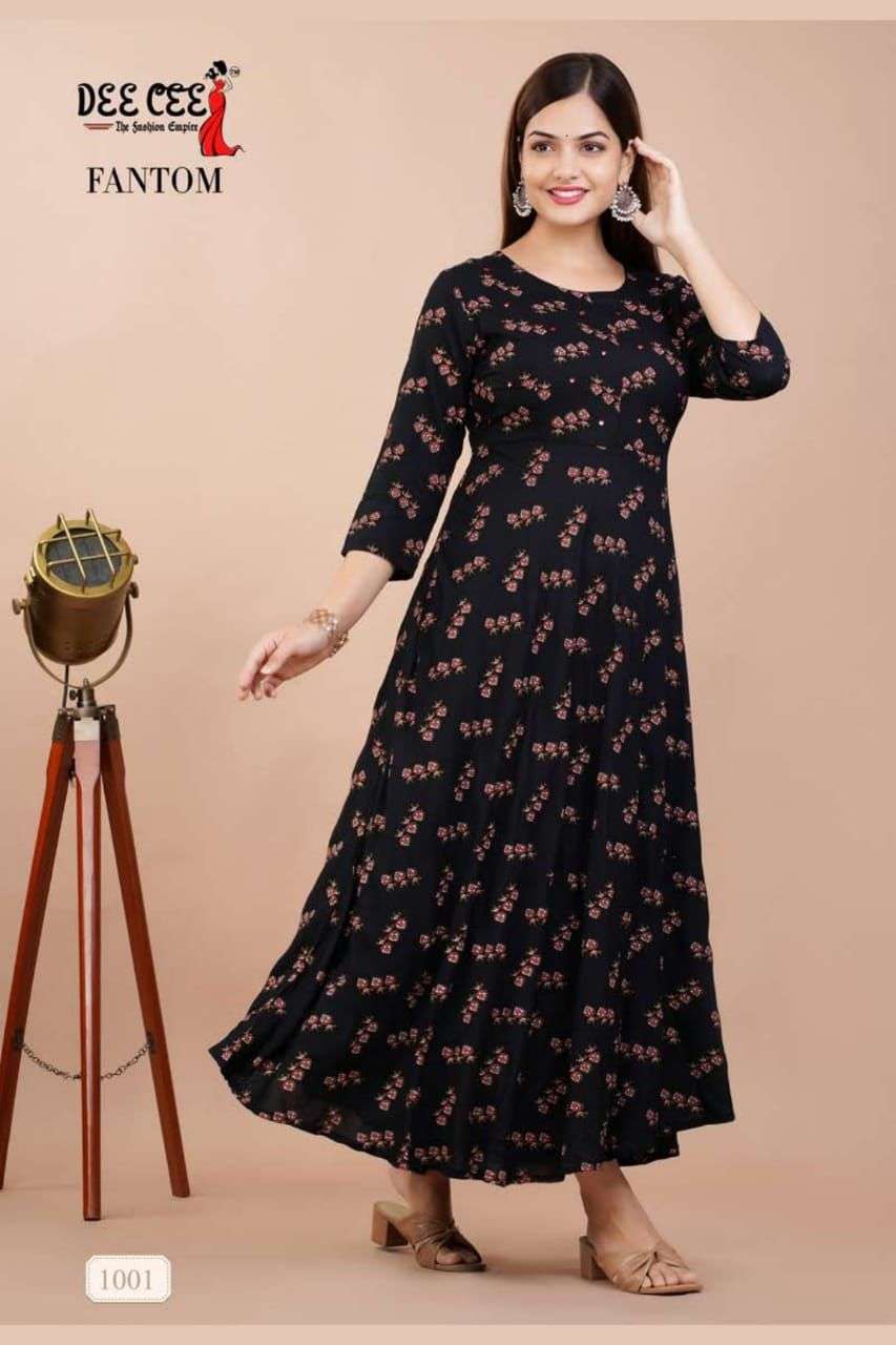 FANTOM BY DEECEE FABRIC RAYON PRINTS THE FASHION EMPIRE MIRROR WORK GOWN KURTI WHOLESALER AND DEALER