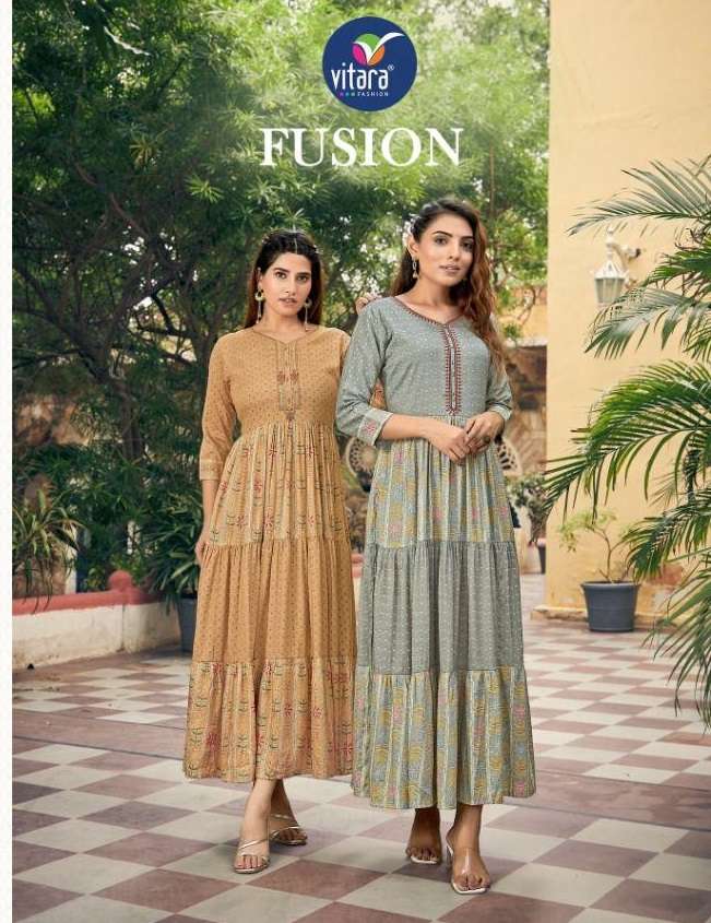 FUSION BY VITARA FASHION BRAND FABRIC RAYON FOIL PRINT LONG GOWN KURTI WHOLESALER AND DEALER