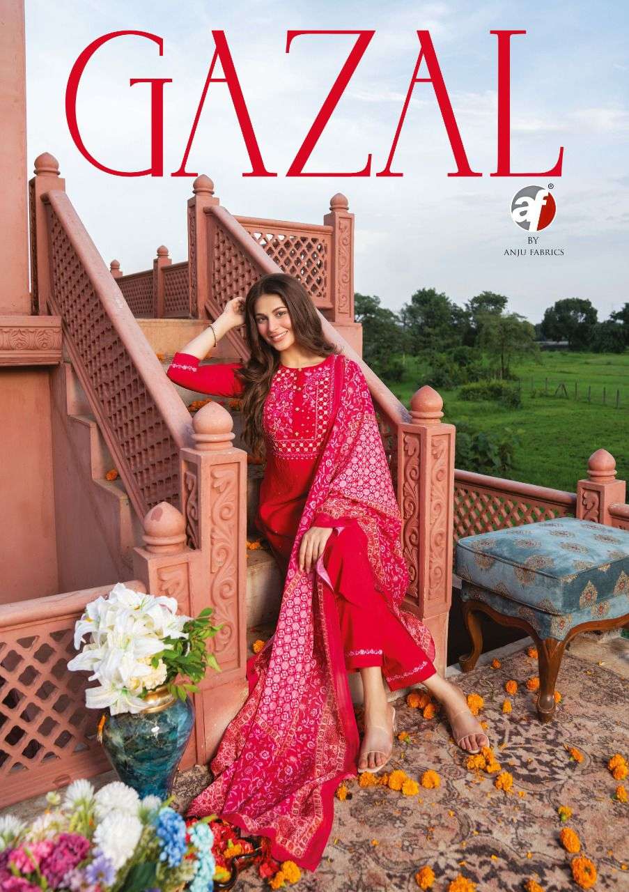 GAZAL BY AF  BRAND VISCOSE EMBROIDERY WORK KURTI WITH PANT AND MASLIN DIGITAL PRINT DUPATTA WHOLESAL...