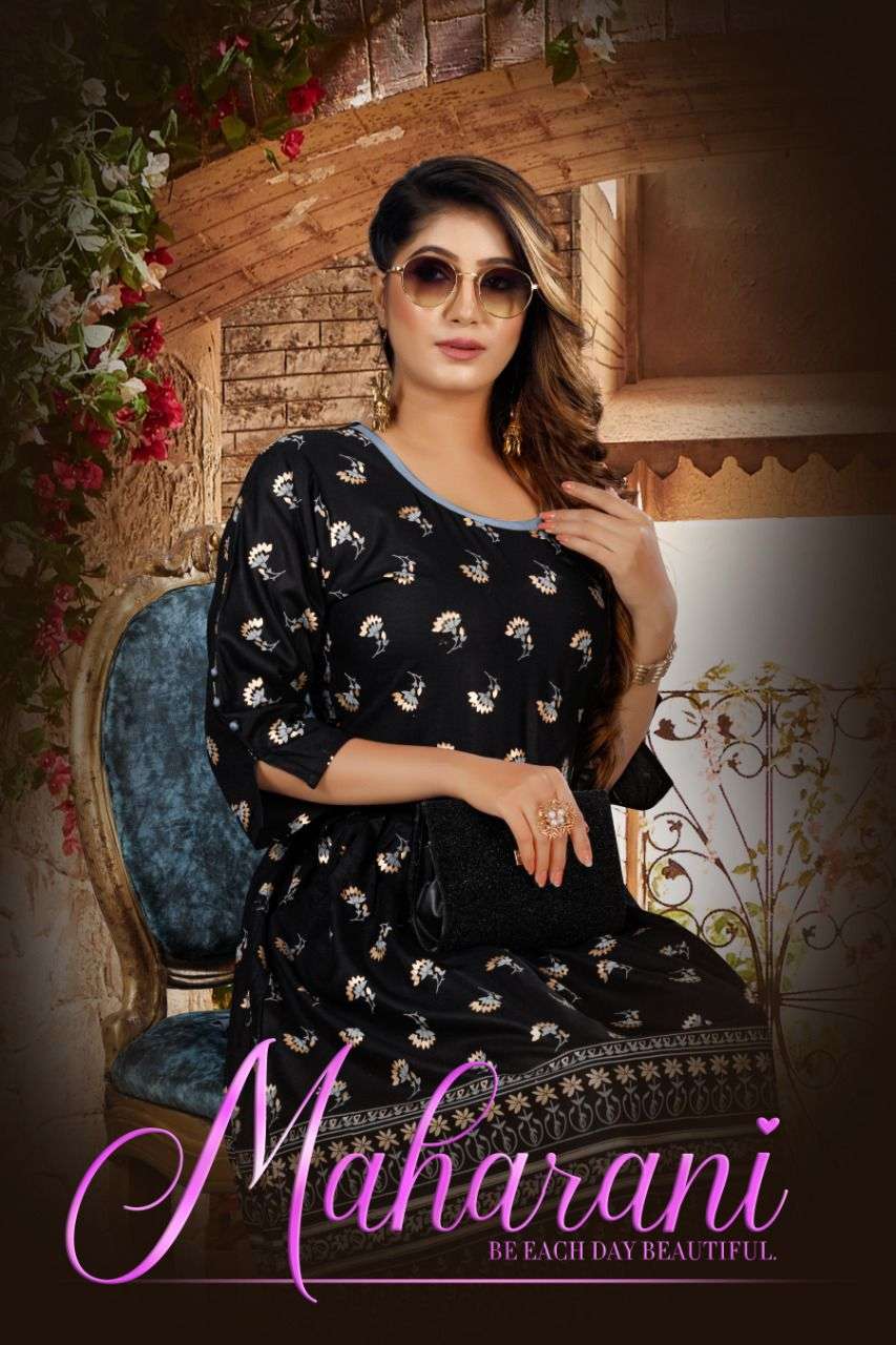 MAHARANI BY S3FOREVER BRAND HEAVY RAYON WITH CLASSY FOIL PRINT FROCK STYLE FLAIRY KURTI WHOLESALER A...