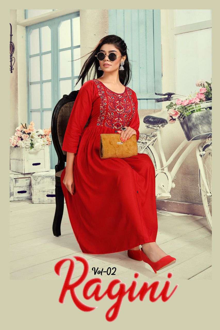 RAGINI 2 BY S3FOREVER FABRIC RAYON 14KG EMBROIDERYWORK FLIAR PATTERN STYLES FROCK STYLE KURTI WHOLES...