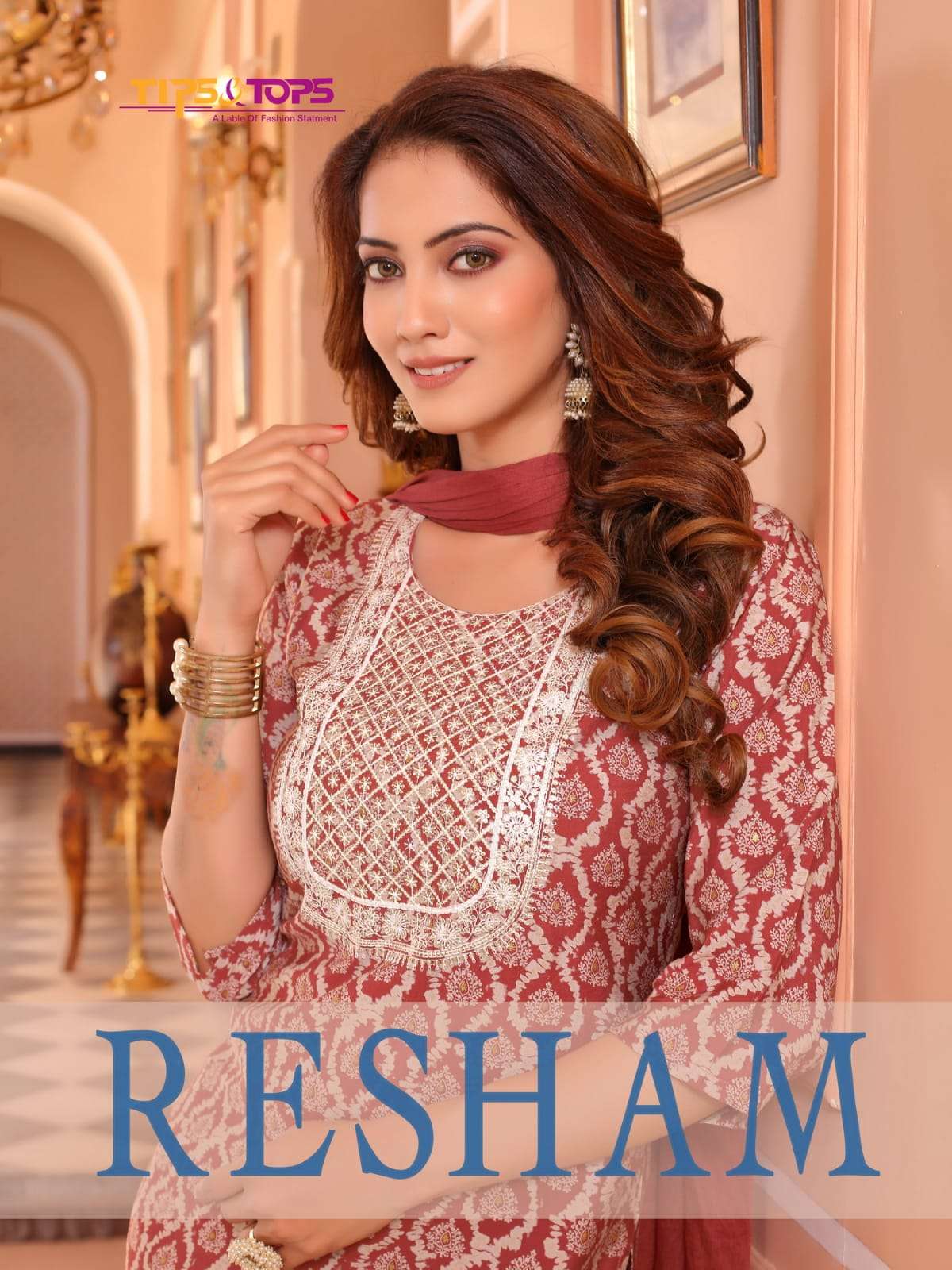 RESHAM BY TIPS & TOPS BRAND CHANDERI FOIL PRINT EMBROIDERY KURTI WITH PANT AND FANCY DUPATTA WHOLESA...