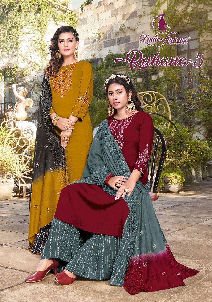 RUHANA VOL 5 BY LADIES FLAVOUR BRAND FABRIC PURE VISCOSE  EMBROIDEY WORK LONG KURTI WITH FANCY VISOS...