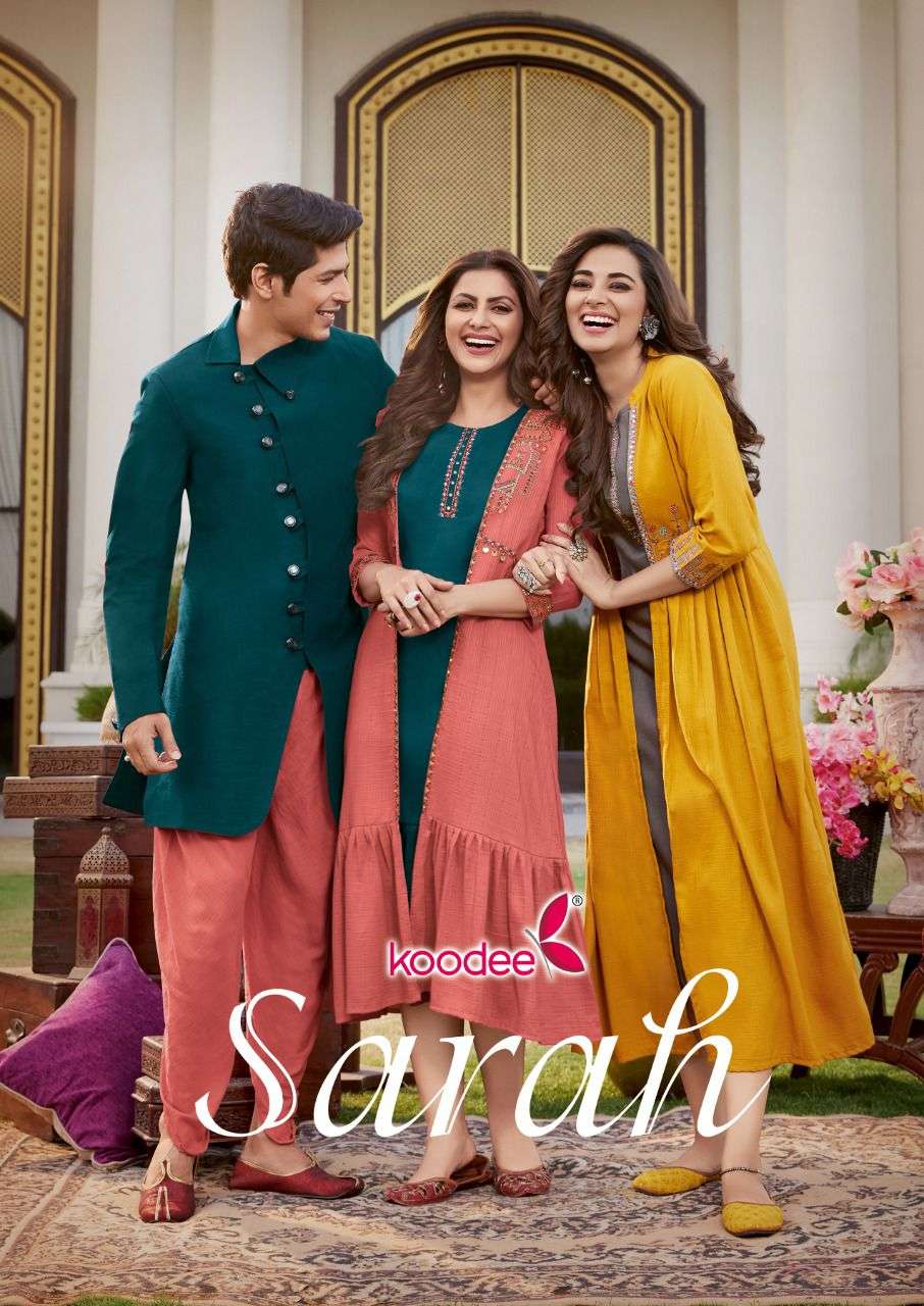 SARAH BY KOODEE BRAND CHINON EMBROIDERY AND KHATLI WORK KURTI WITH INNER AND VISCOSE STRIPE SHRUG WH...