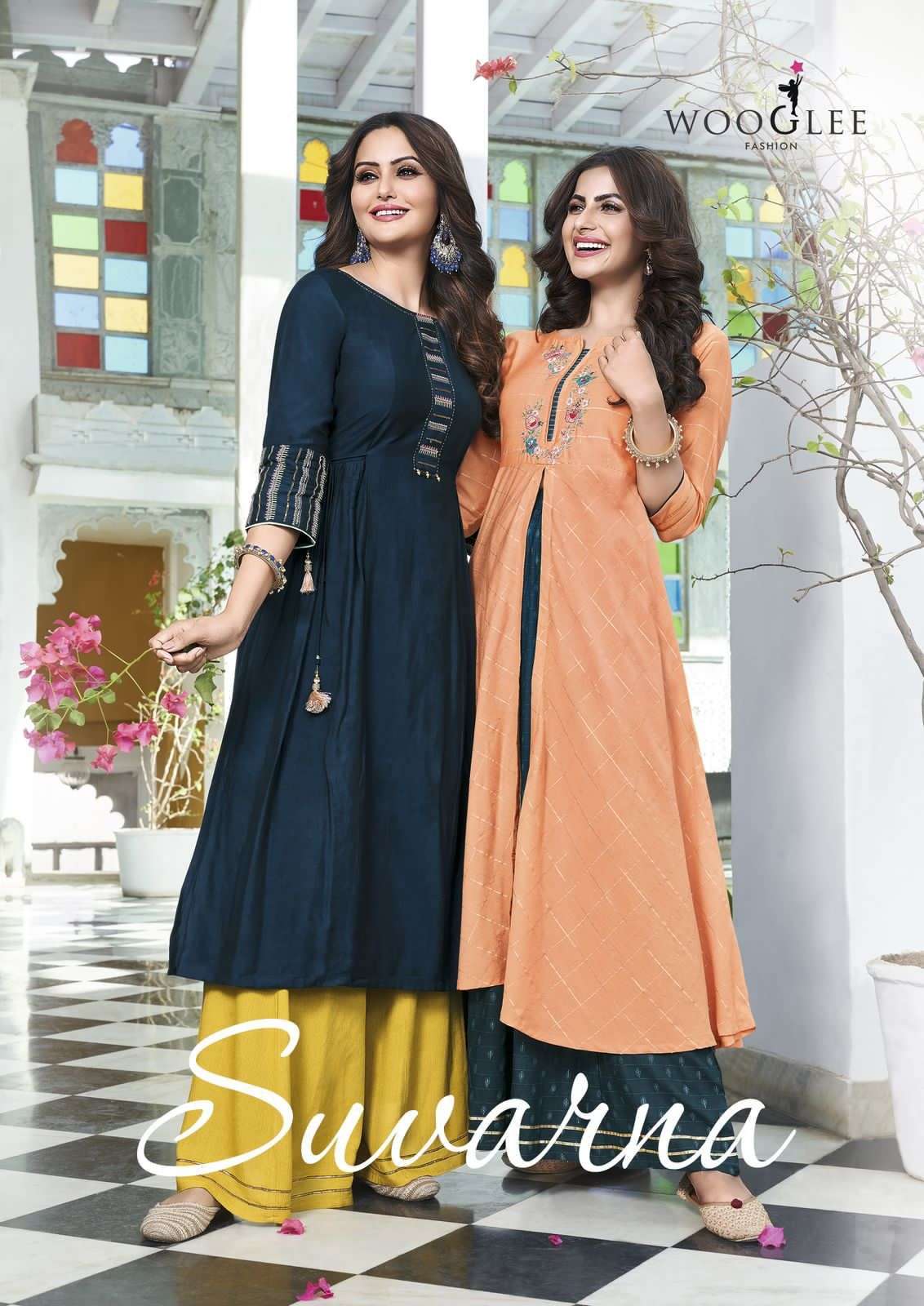 SUVARNA BY WOOGLEE BRAND FABRIC CHANDERI ,MUSLINE ,RAYON,FANCY LONG KURTI WITH JACQUARD VISCOSE PRIN...