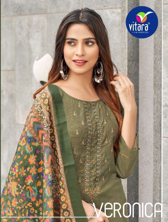 VERONICA BY VITARA FASHION BRAND RUBBY SLUB WITH EMBROIDERY WORK KURTI WITH FANCY WORK PANT AND DIGI...