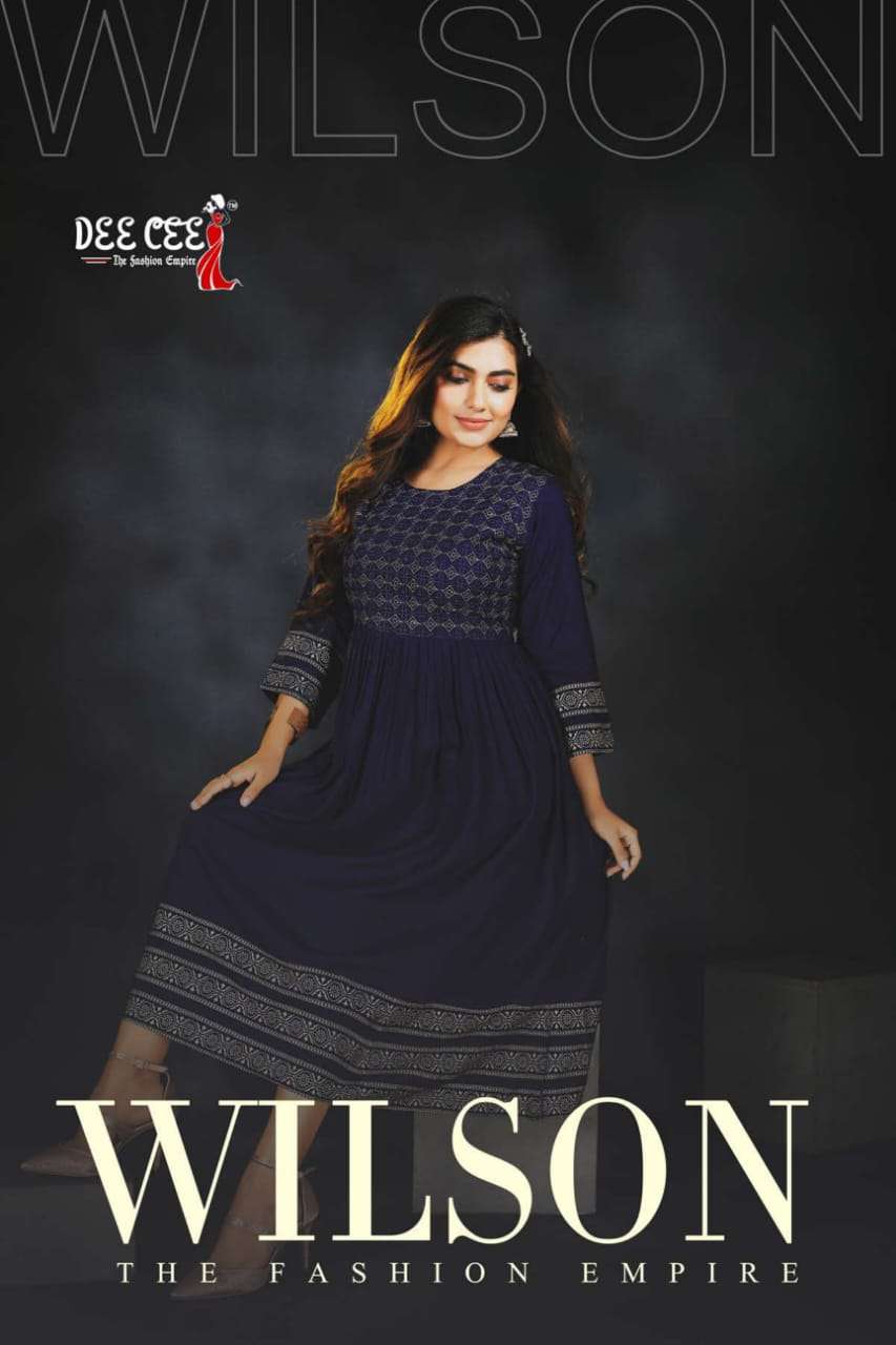 WILSON BY DEE CEE BRAND HEAVY RAYON SEUR PATTERNS PLEATED WITH EMBROIDERY WORK AND GOLD SCREEN PRINT...