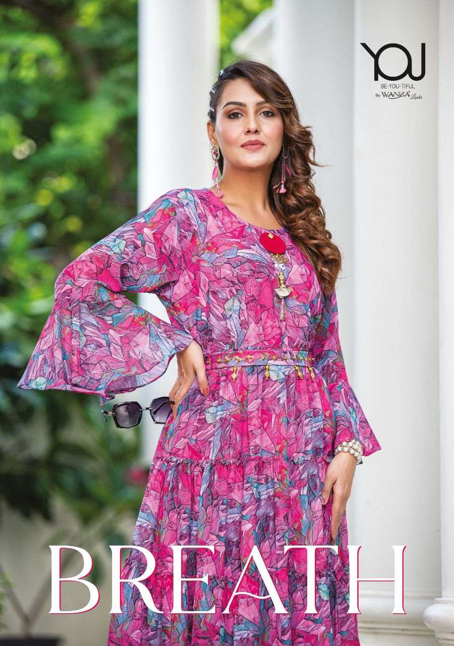 BREATHE BY WANNA BRAND FANCY GEORGETTE EMBROIDERY AND HANDWORK WITH CLASSY PRINT FROCK STYLE KURTI W...